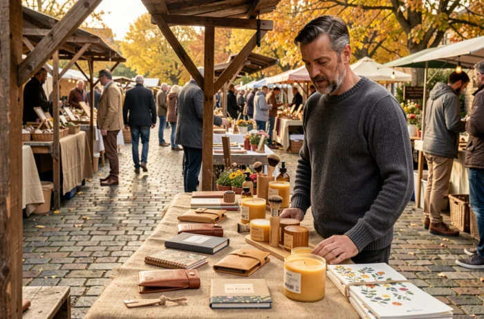 Homme barbu en pull en laine Merino explorant des cadeaux durables pour homme sur un stand de marché artisanal en plein air à l'automne, incluant un portefeuille en cuir recyclé et un kit de soin en bambou