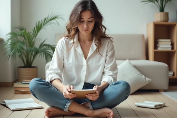 A woman sitting on the floor taking notes in a notebook, exploring her attachment style before making a romantic decision