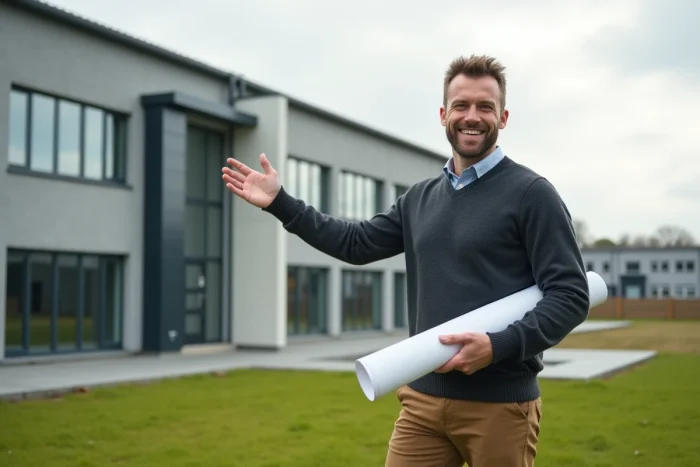 Project manager davanti a un edificio commerciale nuovo in una zona d'attività in Bretagna, illustrando lo sviluppo immobiliare d'impresa