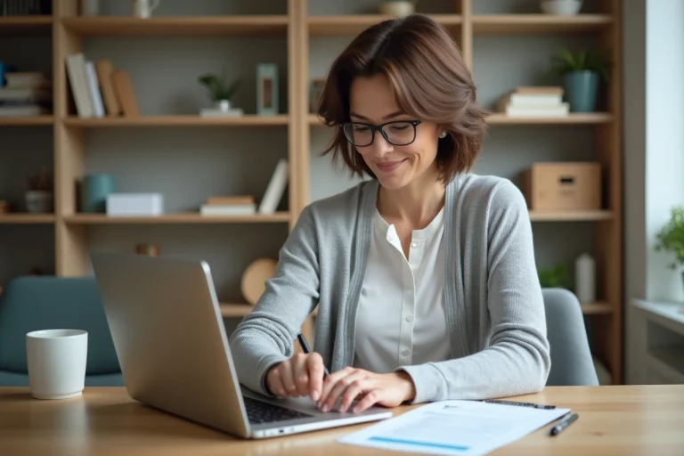 Femme en situation de handicap remplissant un formulaire d'inscription Handi'Stat sur un ordinateur portable dans un bureau à domicile