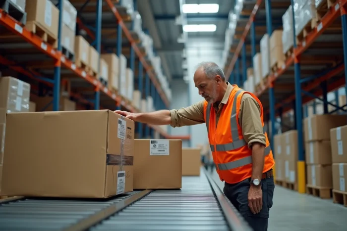Employé logistique inspectant un colis endommagé dans un entrepôt de tri postal, contexte de gestion des colis perdus ou abîmés