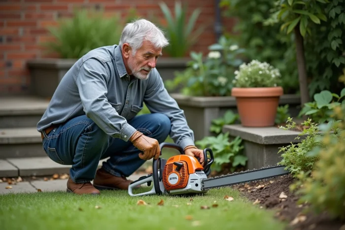 Homme d'entretien inspectant la tête de coupe d'une débroussailleuse Stihl dans un jardin résidentiel