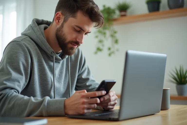 Jeune homme installant une application tierce sur iPhone depuis un bureau à domicile, guide étape par étape sur laptop