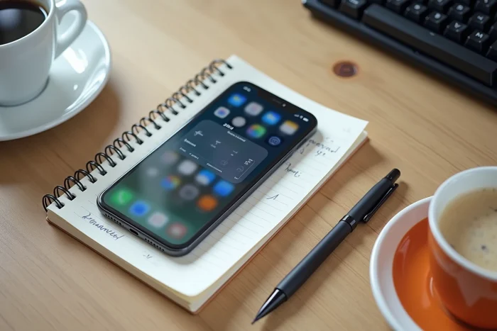 Vue de dessus d'un smartphone affichant l'interface de synchronisation des favoris Sorlav sur un bureau en bois avec carnet de notes