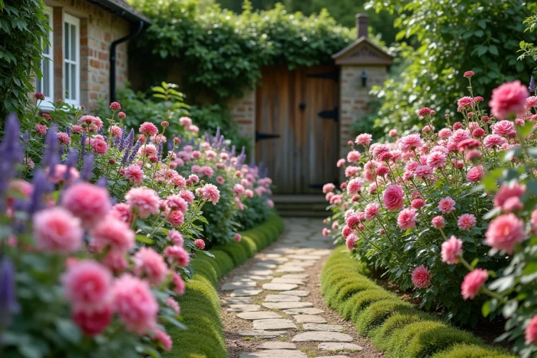 Jardin fleuri à l'anglaise avec roses, lavande et dahlias le long d'un chemin en pierre