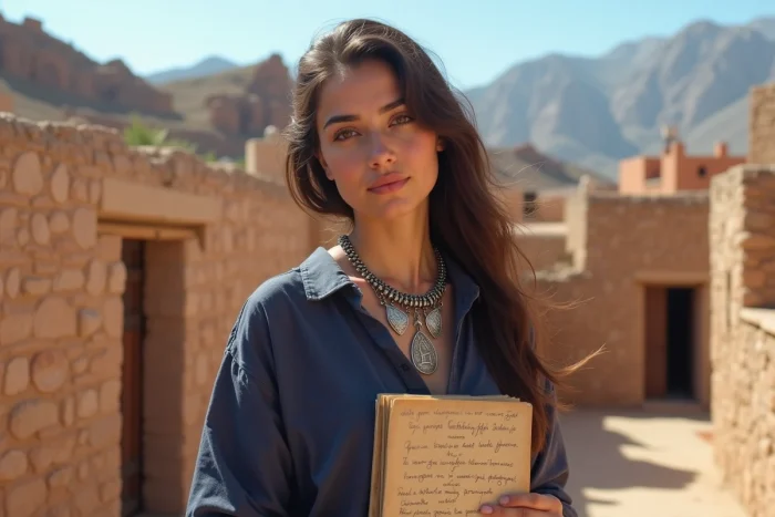 Jeune femme berbère dans un village de l'Atlas tenant un carnet avec des inscriptions tifinagh, symbolisant la redécouverte et la transmission des prénoms berbères comme Sidjil