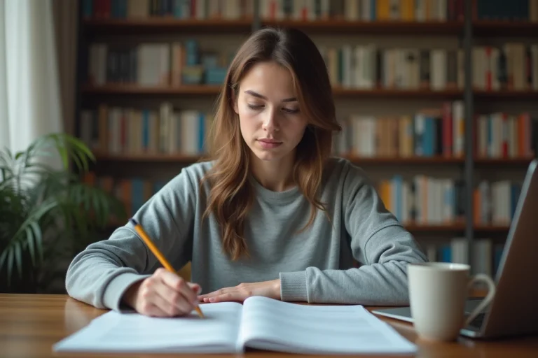 Jeune femme étudiant le code de la route à son bureau pour préparer l'examen du permis de conduire en 2026