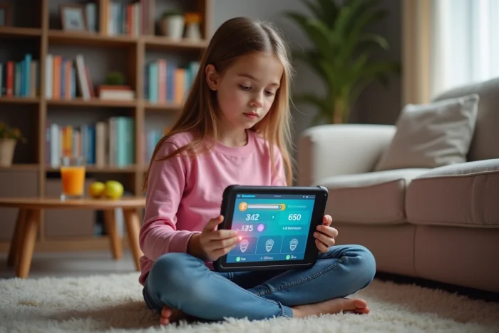 Jeune fille consultant les statistiques de temps de jeu sur une tablette dans le salon