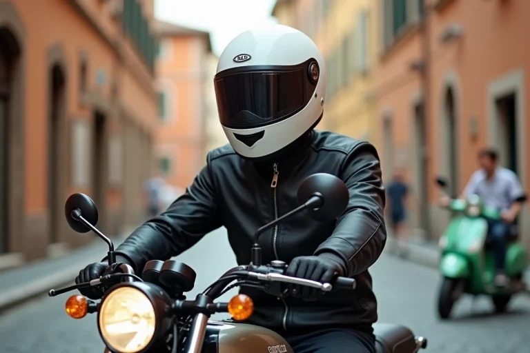 Jeune homme en veste moto noire et casque blanc assis sur une moto 125cc dans une rue pavée de Rome