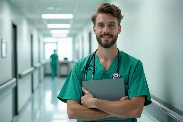 Jeune médecin en blouse chirurgicale avec stéthoscope dans un couloir d'hôpital moderne en France