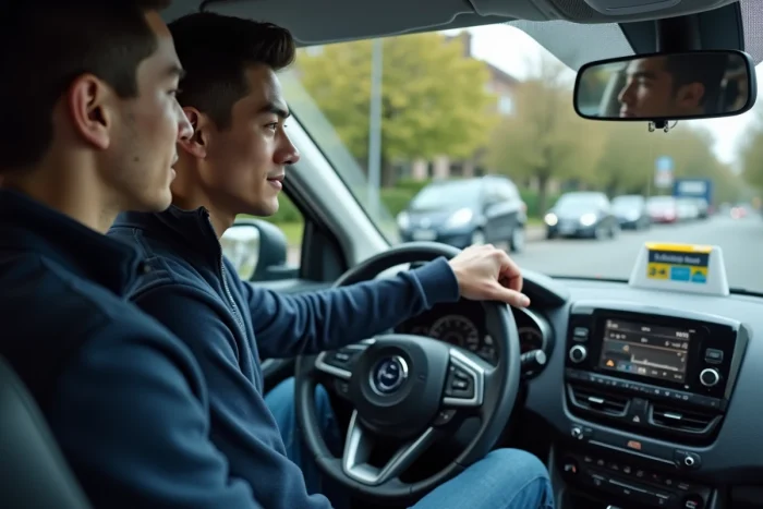 Jeune homme au volant lors d'une leçon de conduite avec un moniteur d'auto-école pour passer le permis