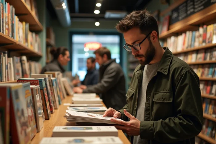 Homme feuilletant des mangas dans une librairie spécialisée indépendante