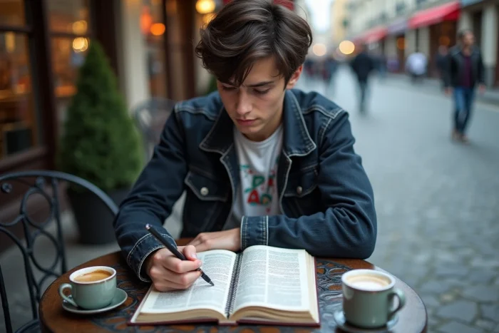 Jeune lecteur de manga prenant des notes dans un café avec smartphone et carnet en 2026
