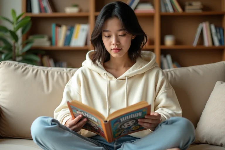 Jeune femme lisant un manga sur un canapé entouré d'une bibliothèque de mangas en 2026