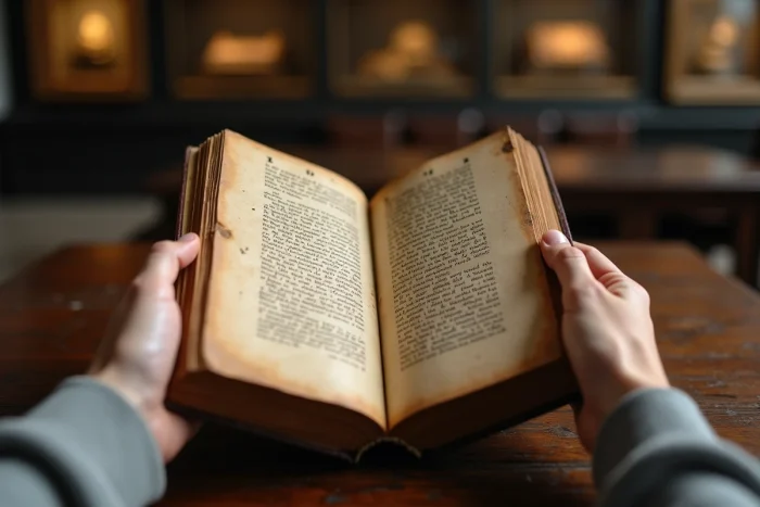 Mains tenant un livre ancien avec une gravure historique du symbole infini mathématique