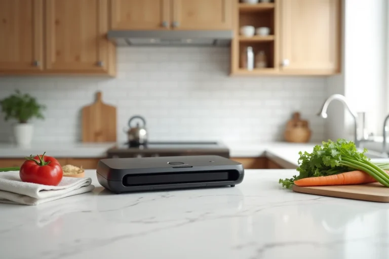 Machine sous vide Magic Vac Maxima 2 posée sur un plan de travail de cuisine moderne entourée de sacs de conservation et de légumes frais