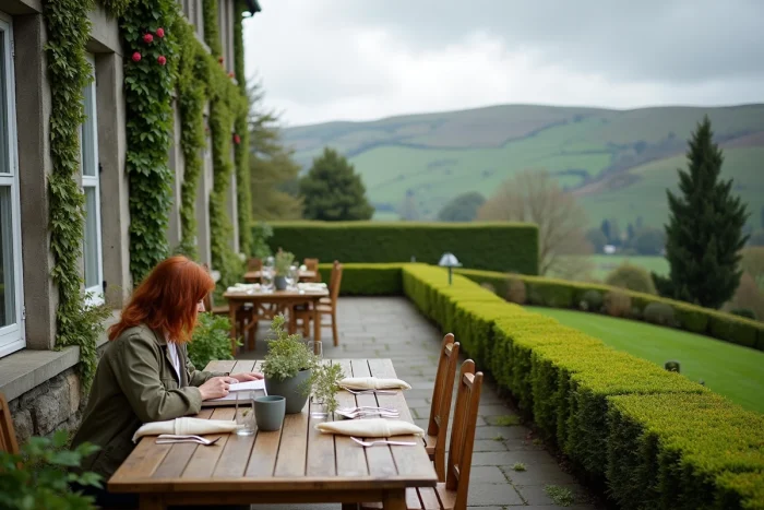 Stone terrace of an Irish mansion with a lush garden and a woman with auburn hair reading quietly outdoors