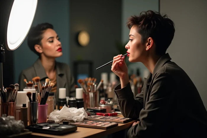 Maquilleuse professionnelle appliquant un rouge à lèvres rouge vif sur le modèle en coulisses, avec un miroir et des produits de beauté visibles en arrière-plan