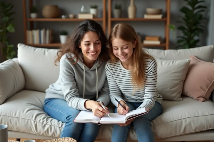 Mère et fille adolescente planifiant ensemble leur semaine dans un salon confortable et familial
