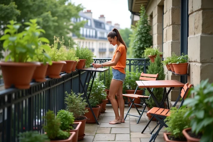 Une femme réorganise un mobilier modulable sur un petit balcon urbain parisien avec pots d'herbes aromatiques