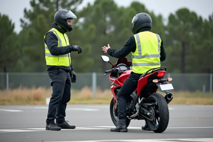 Moniteur d'auto-école expliquant les manœuvres à un élève sur un circuit de formation moto 125 en Italie