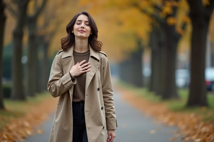 A woman in a park with her hand on her heart, listening to her bodily reactions to guide her romantic choice