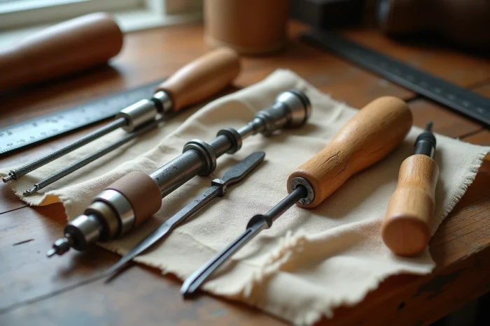 Collection d'outils de perforation du cuir disposés sur lin naturel : alène, emporte-pièce rotatif, jeu de perforoirs et maillet en bois