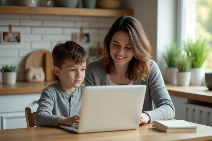 Mère et fils consultant ensemble le suivi du temps de jeu Roblox sur un ordinateur portable