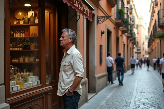 Homme devant une parfumerie traditionnelle dans une rue piétonne de Séville, vitrine avec flacons de parfums artisanaux espagnols