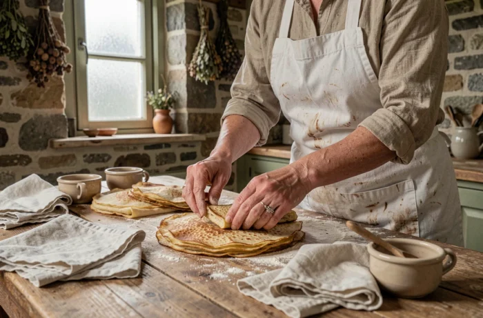 Pâtissière bretonne disposant du far breton et des crêpes dentelle sur une table en chêne dans une cuisine traditionnelle en pierre