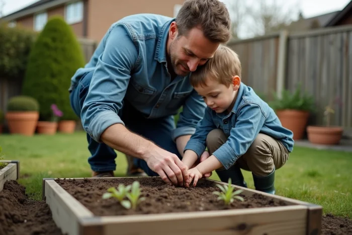 Père et fils jardinent ensemble dans un jardin familial en plantant des semis dans un bac en bois