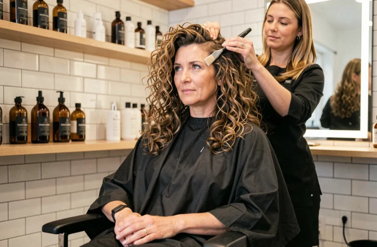 Coiffeur appliquant une permanente sans ammoniaque sur les cheveux bouclés d'une cliente dans un salon moderne