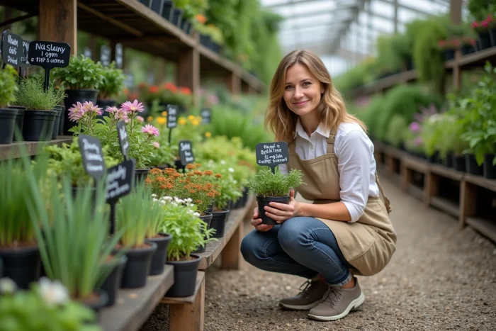 Une horticultrice présente des plantes adaptées au sol et au climat dans une pépinière avec panneaux indicatifs