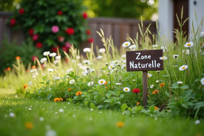 Zone de prairie non tondue avec fleurs sauvages et signe 'Zone Naturelle' en bordure de pelouse dans un jardin résidentiel