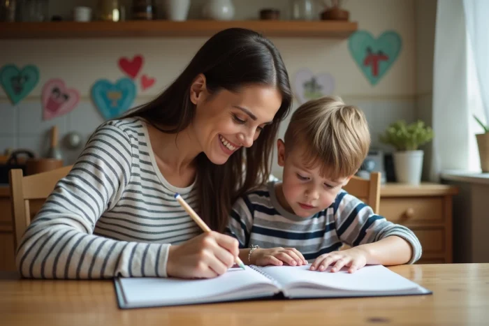 A woman helping a child with homework at the table, representing the consideration of the impact of a romantic decision on children