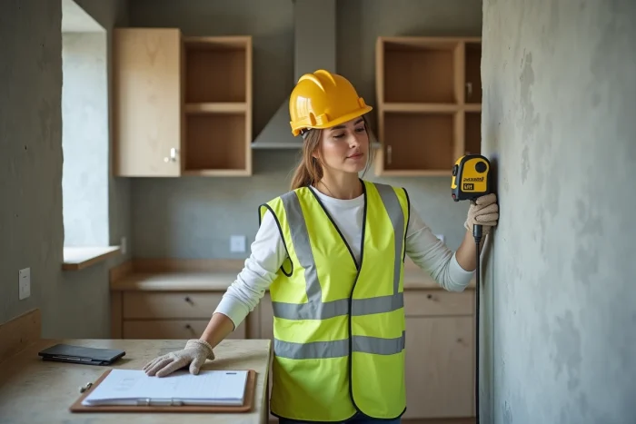 Prestataire féminine en cours de chantier mesurant une surface murale dans une cuisine en rénovation avec des équipements professionnels