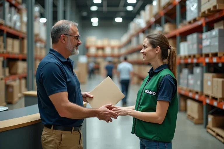 Prestataire professionnel remettant ses documents à un responsable Leroy Merlin en magasin lors d'un premier contact commercial