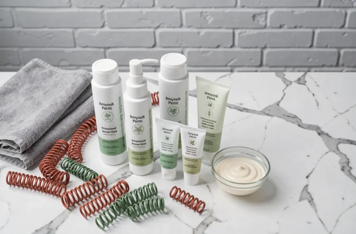 Produits de permanente sans ammoniaque avec bigoudis et crème coiffante disposés sur un comptoir en marbre blanc
