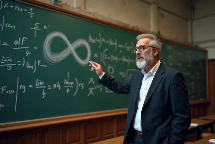 Professeur de mathématiques devant un tableau avec le symbole infini et des équations