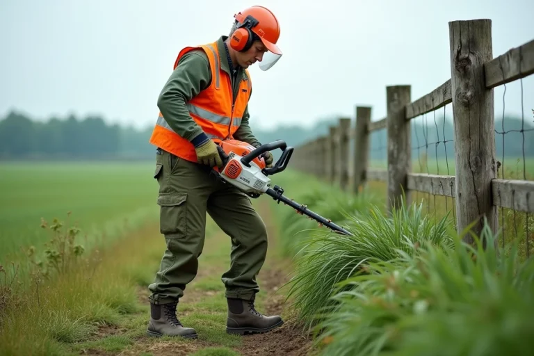 Professionnel du paysage utilisant une débroussailleuse Stihl pour couper les herbes hautes le long d'une clôture rurale