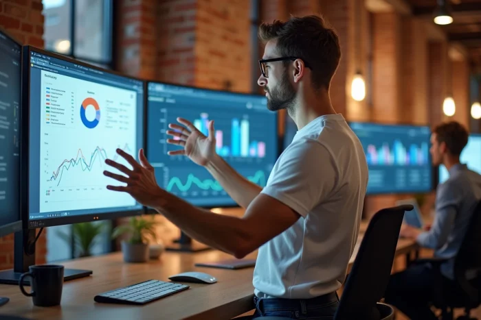 Professionnel du digital analysant des tendances web et des métriques SEO sur plusieurs écrans dans un espace de coworking