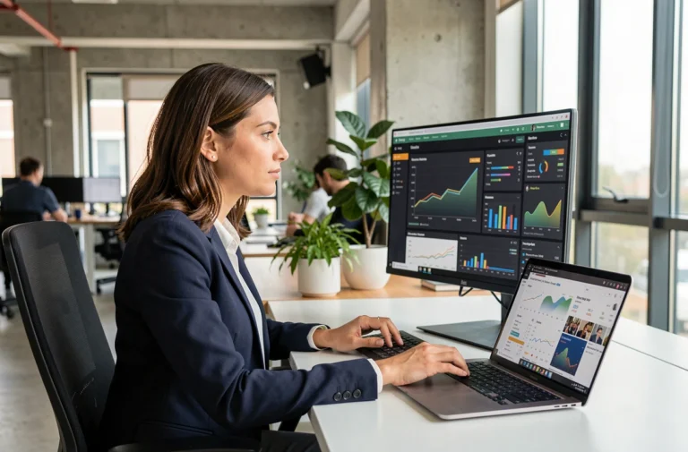Professionnelle analysant des tableaux de bord de webmarketing et de réseaux sociaux sur deux écrans dans un bureau moderne
