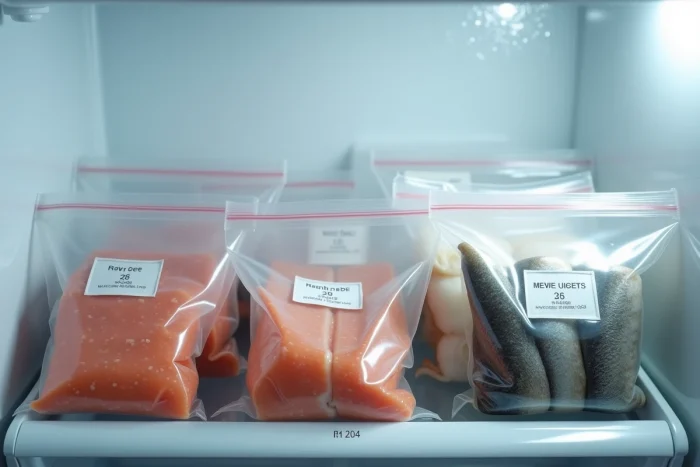 Tiroir de réfrigérateur organisé avec des poissons frais conservés sous vide et étiquetés