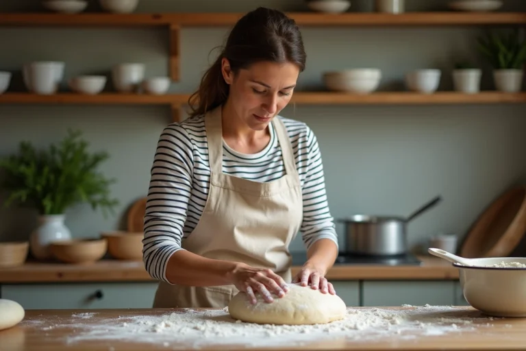 Femme qui pétrit de la pâte à pain sur un plan de travail en bois fariné dans une cuisine familiale chaleureuse