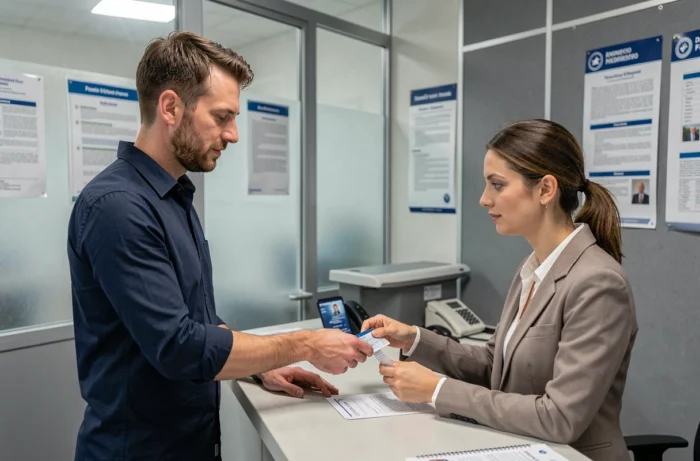 Homme remettant son permis de conduire à un agent administratif dans une préfecture française
