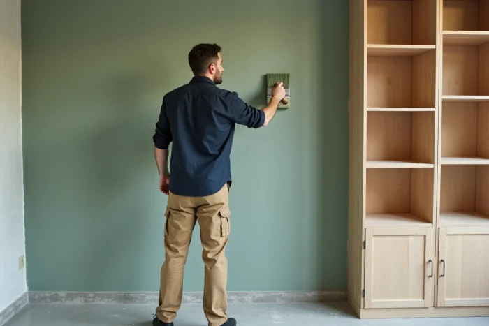 Homme appliquant une peinture minérale vert sauge sur un mur dans un intérieur rénové tendance 2024
