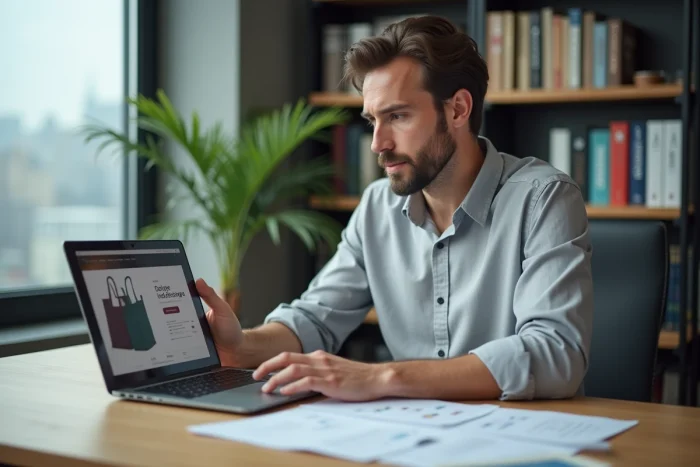 Responsable achats évaluant des totes bags Isotoner pour une commande en entreprise