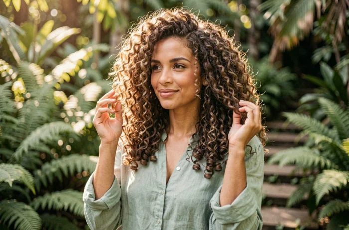 Femme aux boucles définies et brillantes après une permanente sans ammoniaque dans un jardin botanique verdoyant