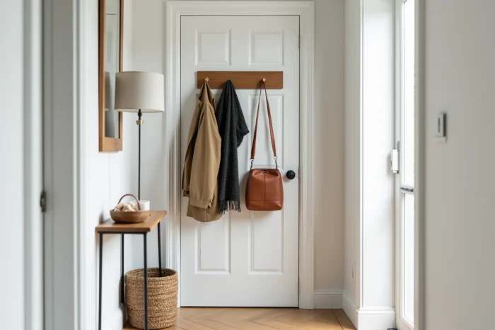Wooden coat rack installed on a hollow door with toggle bolts in a Scandinavian hallway