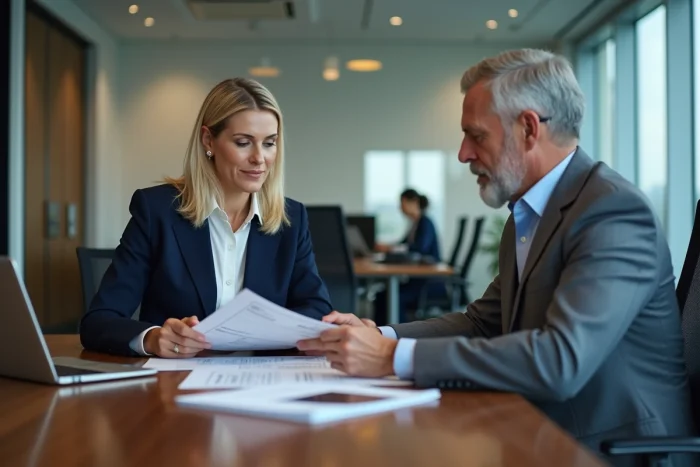 Réunion professionnelle entre une cheffe d'entreprise et un conseiller de la CCI dans un bureau moderne